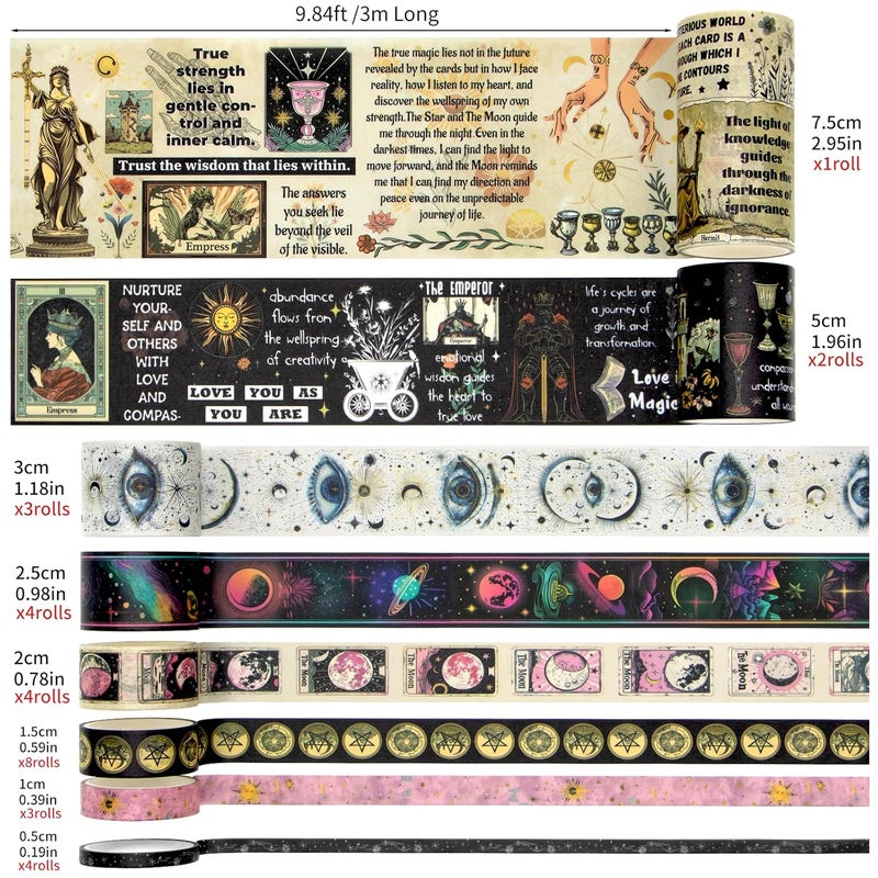 Geesinimo 29 Rolls Washi Tape Set - Tarot Theme Decorative Masking Tape Colored Patterns, Vintage Adhesive Artists Tapes for Journaling Supplies, Diy Crafts, Scrapbooking, Junk Journal Supplies, School Supplies - Image 2